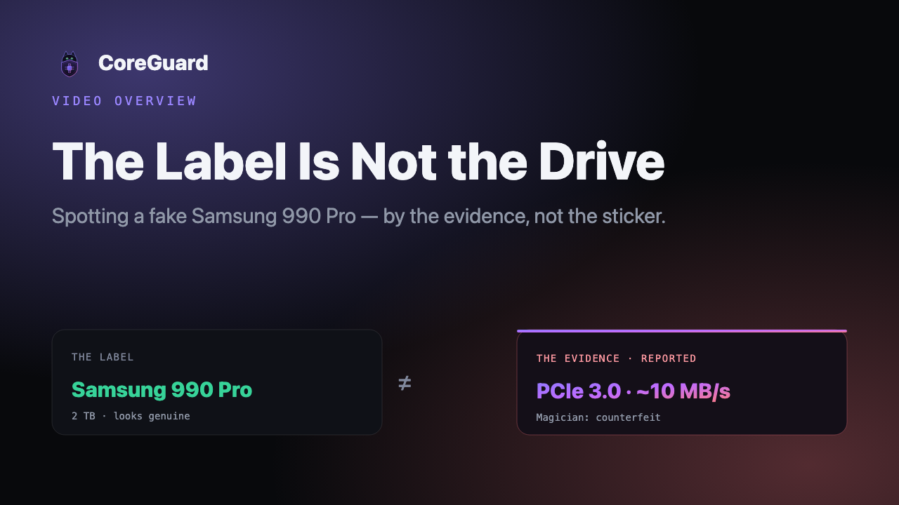 Video poster: a counterfeit Samsung 990 Pro — the label copies the drive; the negotiated link speed and self-reported identity give it away